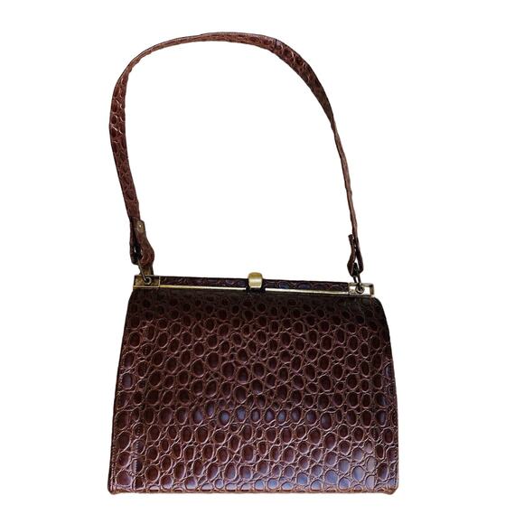 Vintage Lennox Moc Croc Purse Textured Leather Pocketbook Shoulderbag Brown Gold - Picture 7 of 12